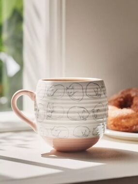 ANTHROPOLOGIE - Leah Goren Pink & White Ceramic Cat Pattern Mug -NWT